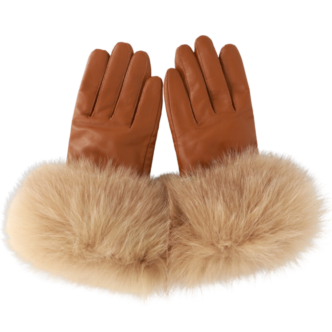 Beige Fur Brown Gloves